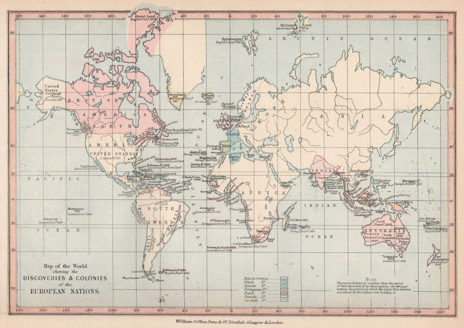 WORLD SHOWING EUROPEAN COLONISATION. British French Spanish Swedish &c 1878 map